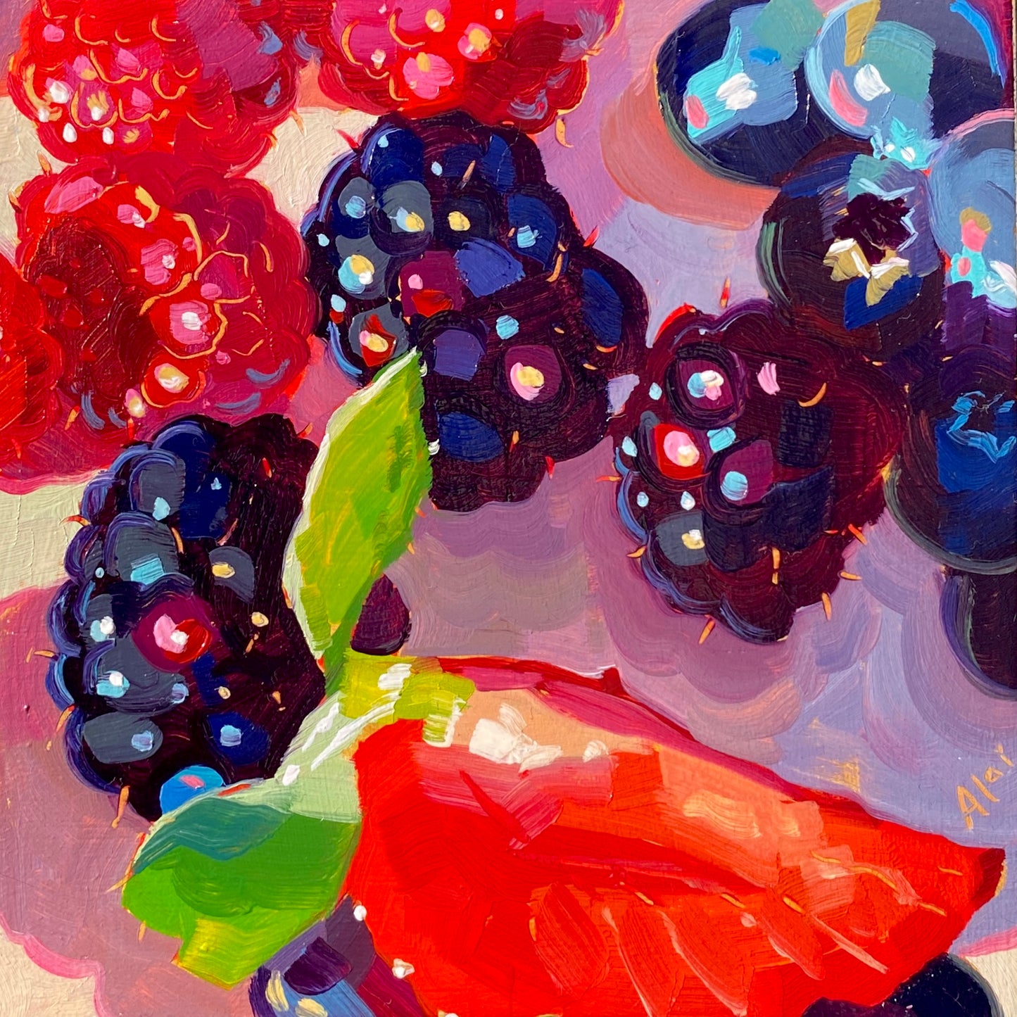 Original oil painting by Alai Ganuza titled "Berry Box II". A close-up arrangement of blackberries, raspberries, and a strawberry slice painted on a gold-primed wood panel, featuring vibrant reds and purples against a warm metallic base.