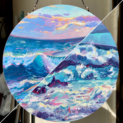 Day/Night Reversible Landscape - Original Oil Painting - Round Seascape - 8 inches